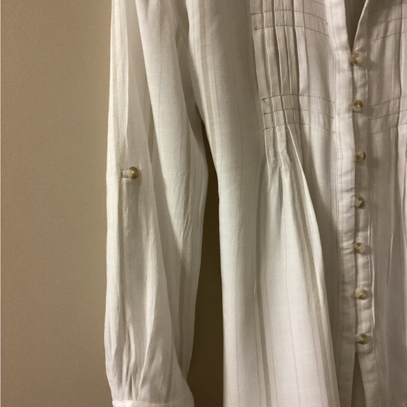 American Rag Cie XXS Peasant Pleated Front Blouse Tie Back White W Tan Stripes - Picture 4 of 9